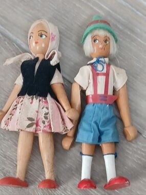 Vintage MCM Polish Wood Folk Art Dolls - Hand Painted Set of 2 - Made in Poland